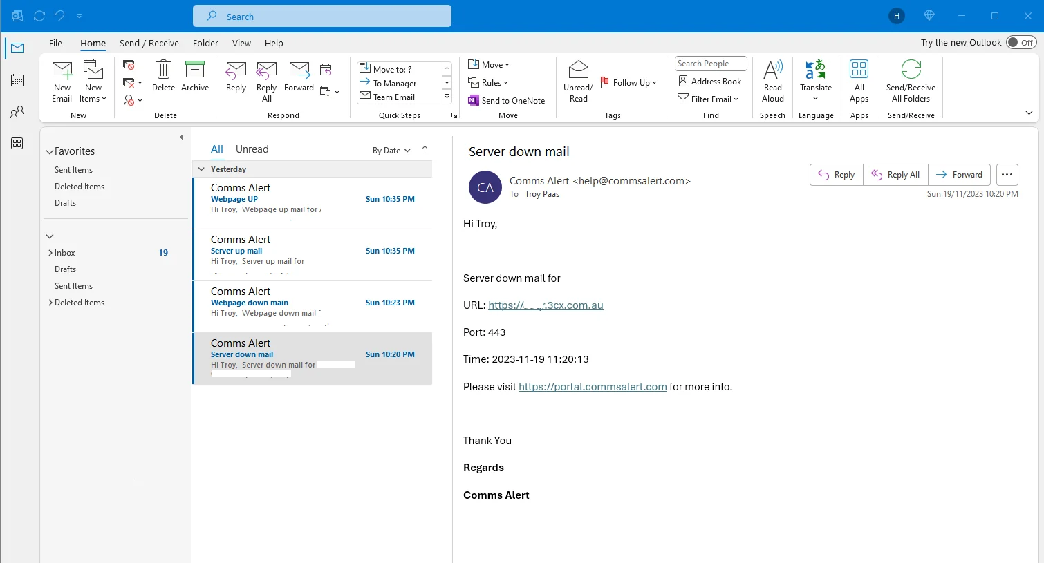 An example CommsAlert email alert as it arrives in Outlook