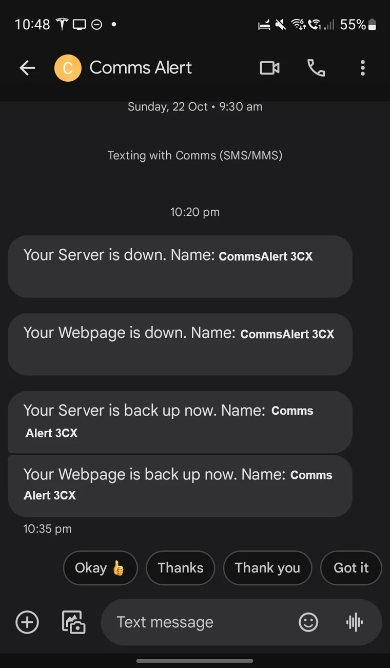 Example CommsAlert SMS alerts on a mobile phone: server down, webpage down, then both back up