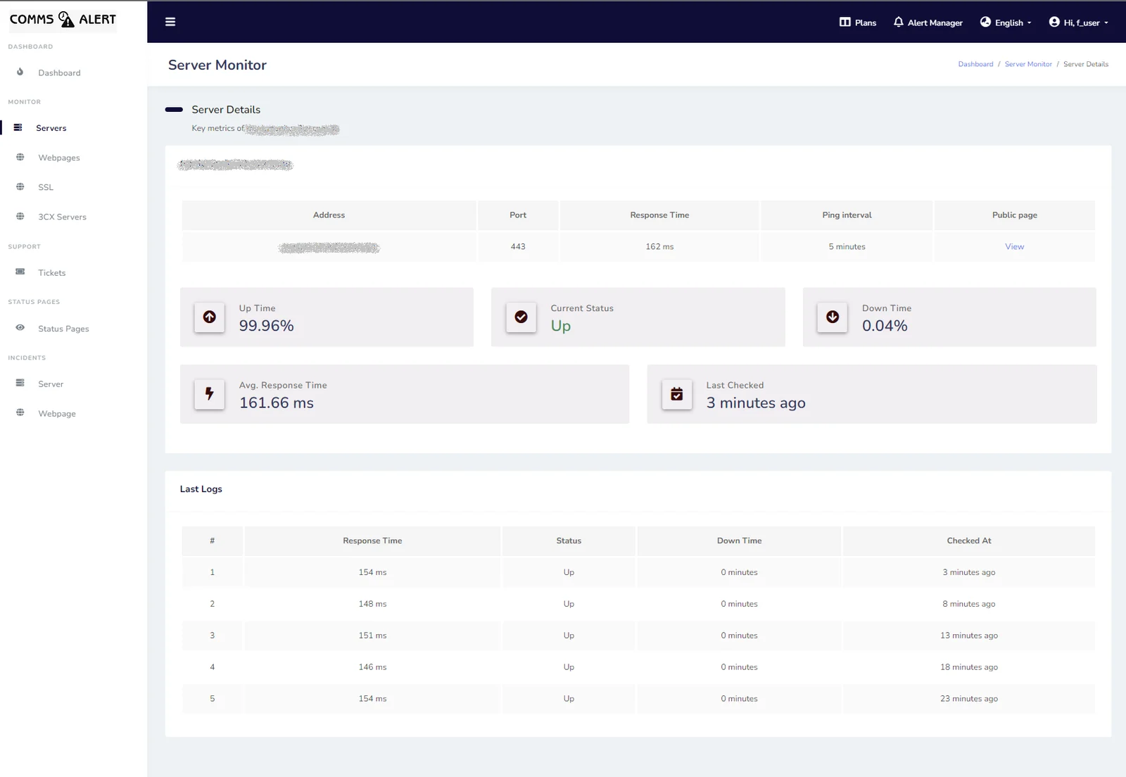 Server detail view with uptime percentage and response times