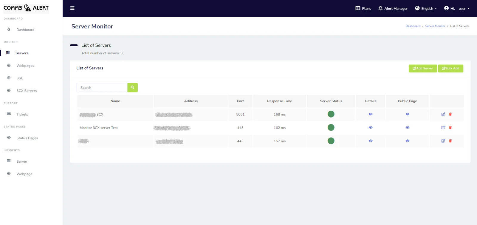 The server list with up and down status indicators