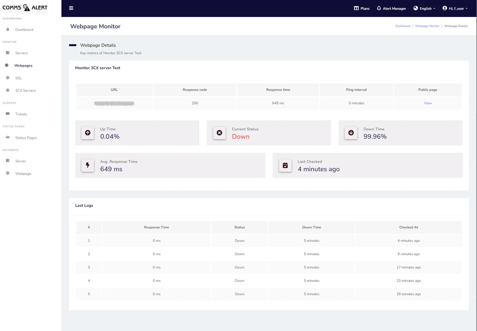 Webpage detail view with status check logs